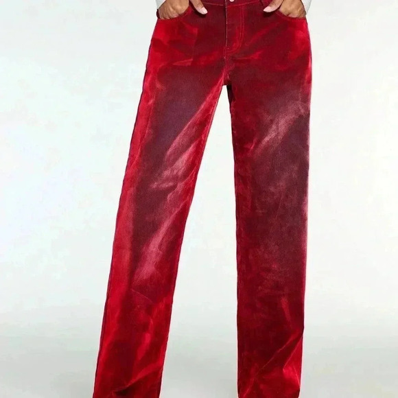 Red Casual Women's Fleeced Thick Loose High Waist Wide Leg Jeans - Picture 4 of 6